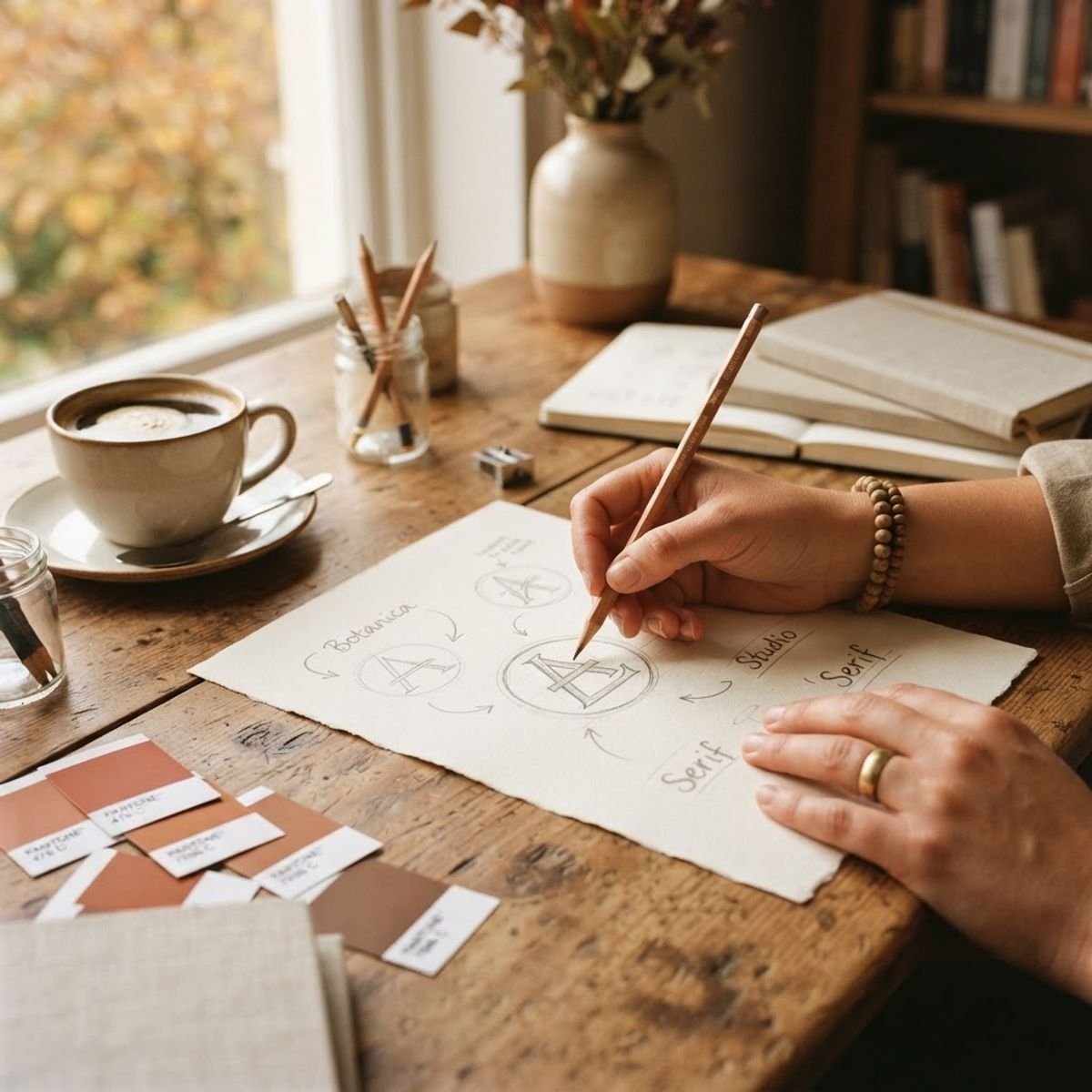 Manos de diseñador bocetando conceptos de logo sobre papel texturizado